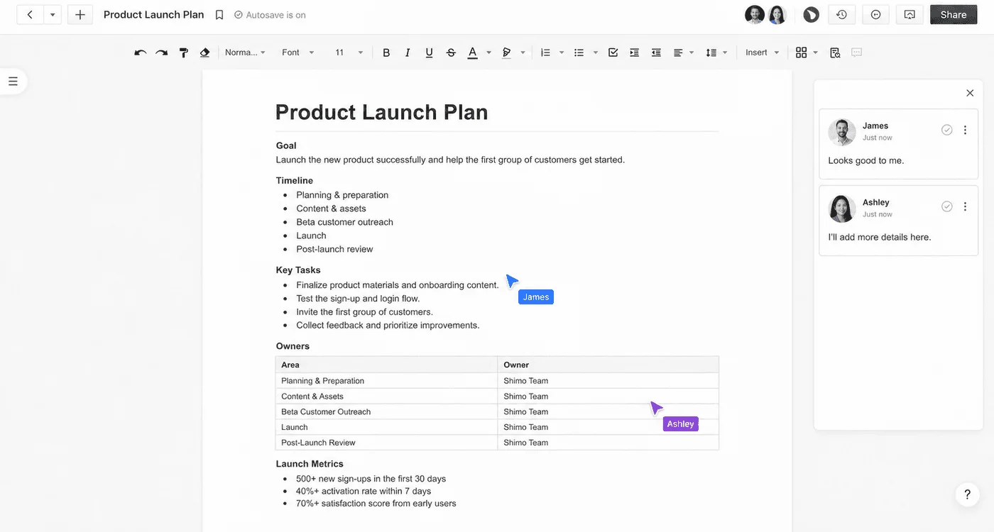 A document titled Product Launch Plan open in an editor, with a formatting toolbar, autosave, a Share button, James and Ashley comment cards, and named cursors on a task list and an owners table.