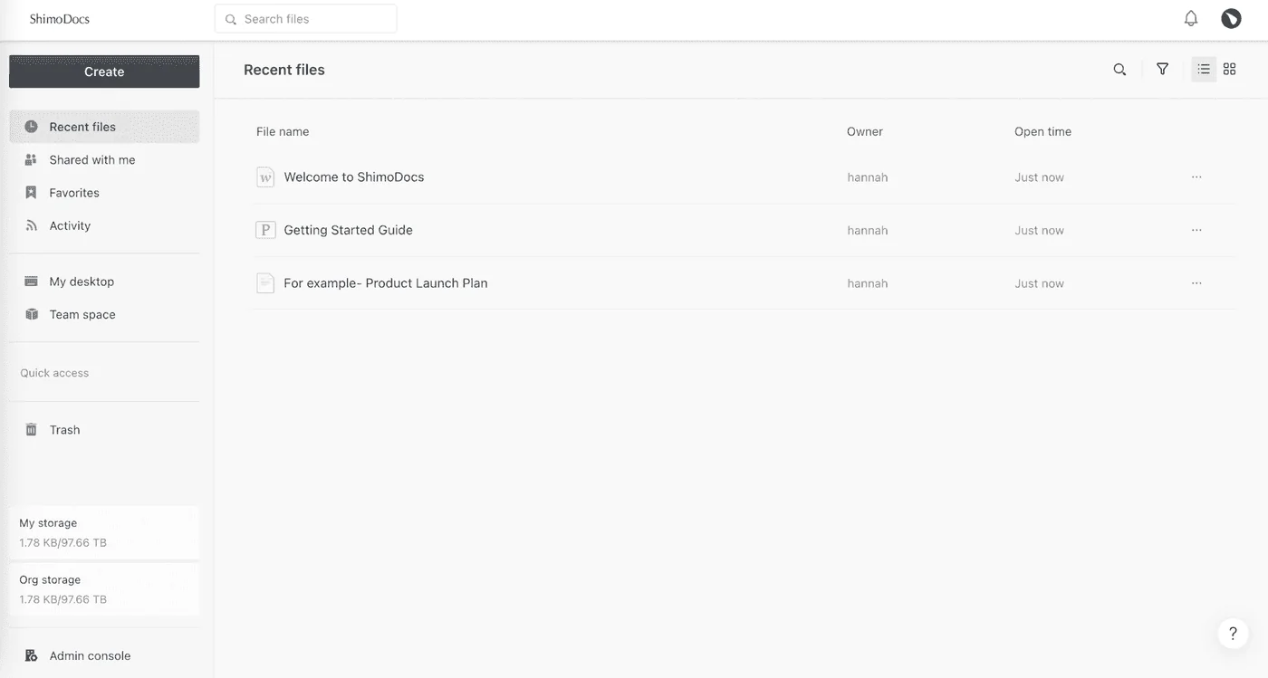 ShimoDocs workspace listing recent files, files shared with you, team space, trash and the storage each user and the organisation is using